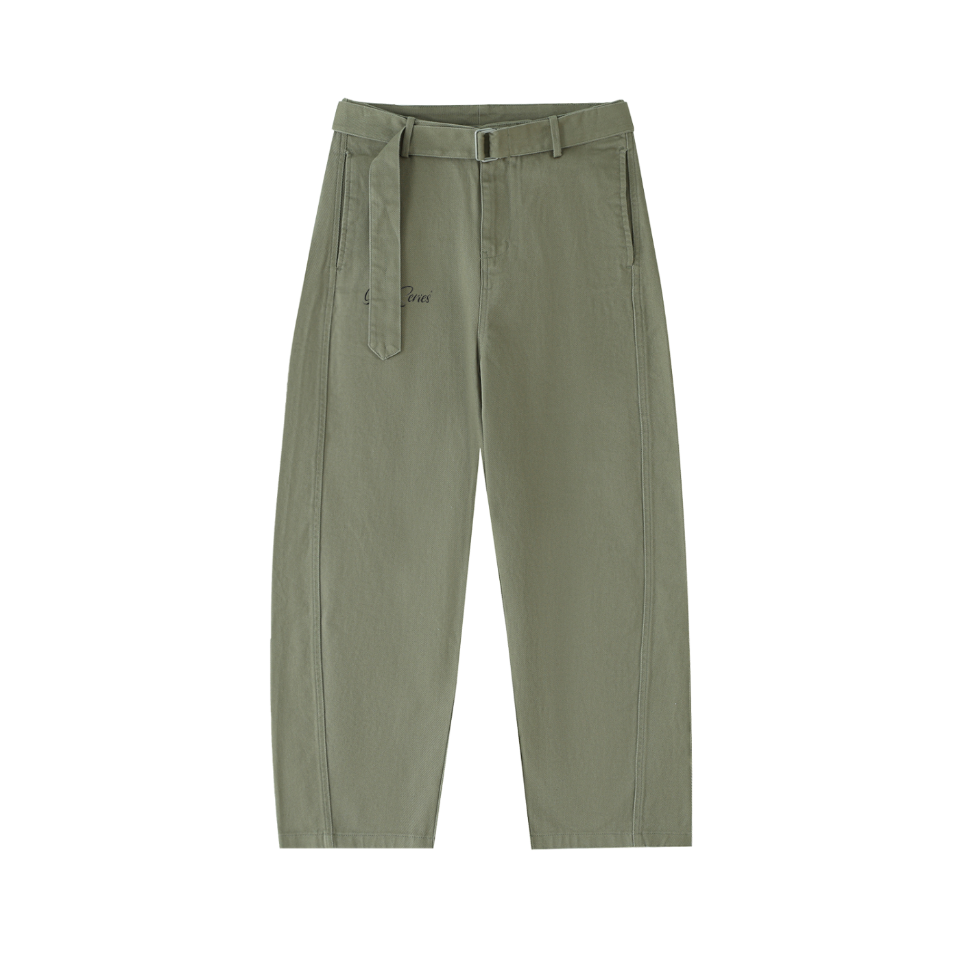 Belted Curved-Blade hemmed pants.