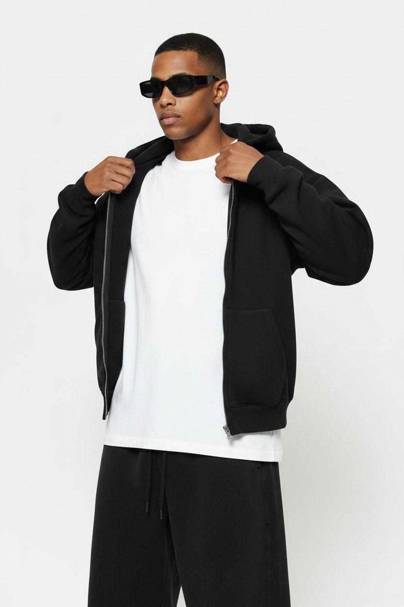 Black Zip Hoodie – Correct Model 2 Pull Forward