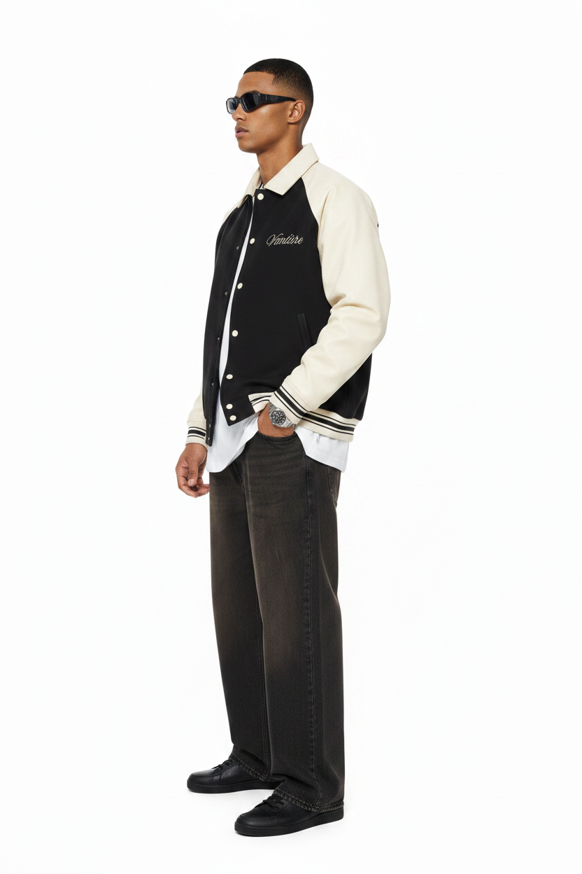 Vantàre Varsity Jacket & Denim - Side Pose