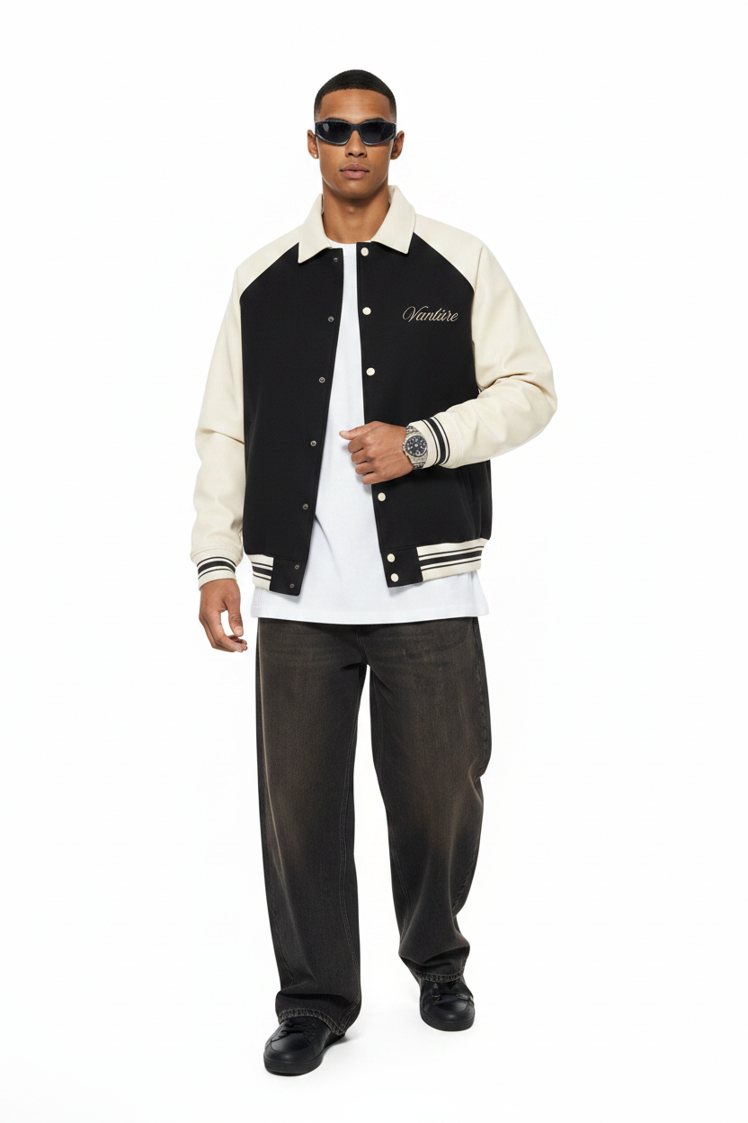 Vantàre Varsity Jacket & Washed Denim